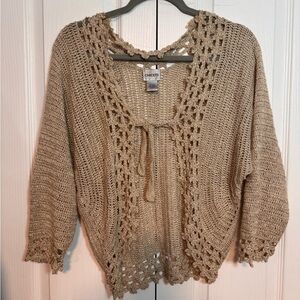 Chico's tan crochet cardigan with tie detail. Size: L/XL #crochet #cardigan